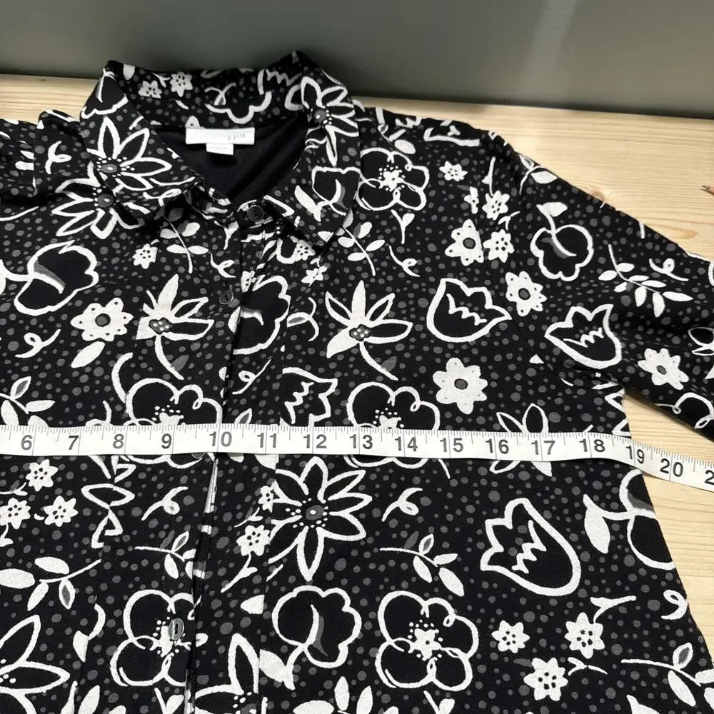 J Jill Button Front Shirt Dress Women S Black White Floral Jersey Stretch Pocket